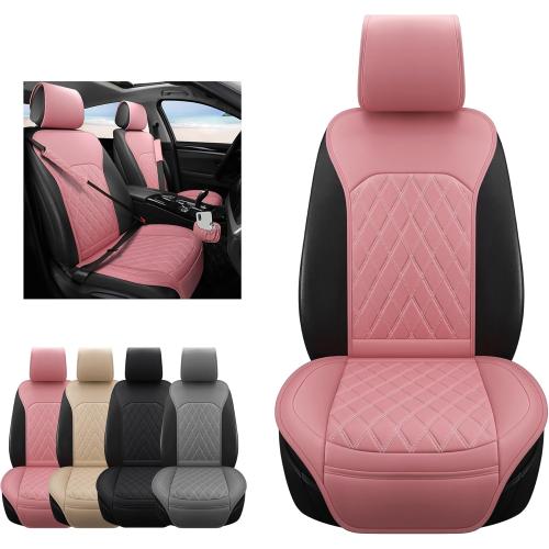 Front Car Seat Covers - Leather Seat Covers with Storage Pocket and Two Belt Pads, Anti-Slip Waterproof Universal Seat Covers for Cars Fit Cars Trucks SUV(Pink,2 Pack)