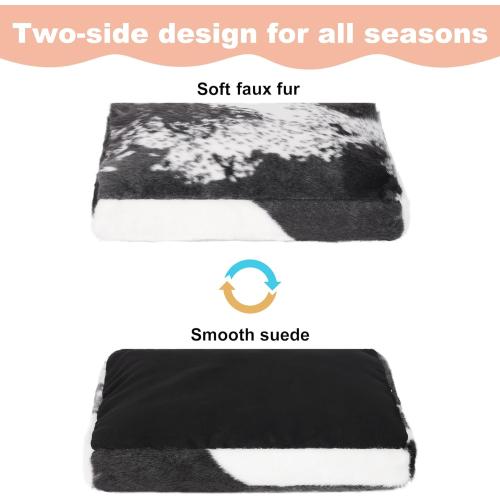 Bedfolks Waterproof Kennel Pad,Plush Dog Crate Bed with Removable, Washable Faux Fur Cover for Extra Large Dogs, Fluffy - 41x27, Black-White Cowhide