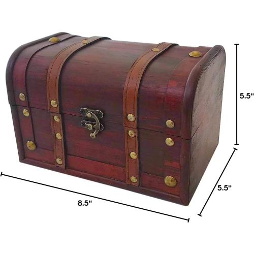 Wood and Leather Treasure Decorative Storage Chest With Lock and Lids - Handcrafted Small Stash Box for Home Decor