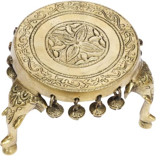 Size 5.5x5.5x4 Elephant Pillars Design Pooja Brass Chowki with Hanging Bells