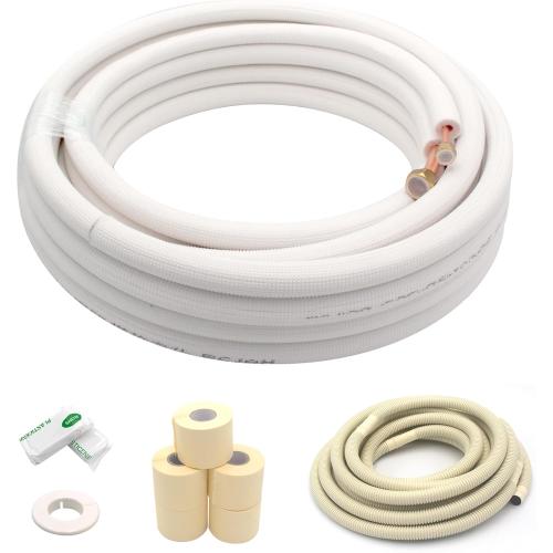 TAUROX 33FT Mini Split Line Set 3/8 & 3/4 O.D Copper Pipes Tubing and 3/8 White Thickened PE Insulation Coil, for Mini Split Air Conditioning or Heating Pump Equipment and HVAC with Flared Nuts.