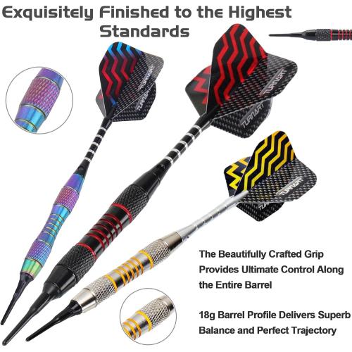 Multicolor 9pc Turnart Darts Plastic Tip - Professional Soft Tip Darts Set for Electronic Dartboard 9 Pcs 18 Grams with 50 Extra Tips 9 Shafts 27 Flights Tool Kit Flight Protectors and Gift Darts Case