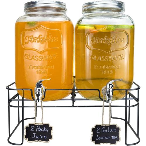 2 Gallon Larger Glass Drink Dispenser for Parties, 2 Packs Juice Lemonade Ice Tea Water Dispenser with Stand, HENABLE Beverage Dispensers with Spigot for BBQ, Picnic, Party