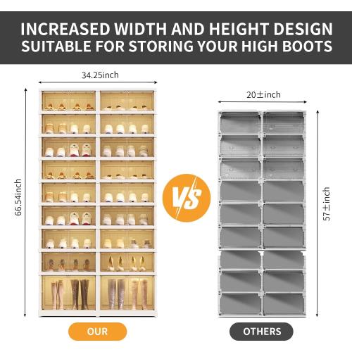White 9-Tier Foldable Shoe Rack Organizer for Closet,36Pairs Collapsible Plastic Shoe Shelf,Large Shoes Cabinet with Door,Clear Stackable Storage Box Easy Assembly