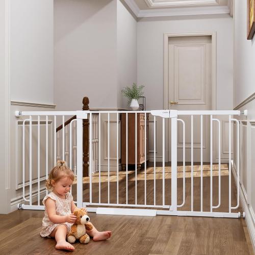 Cumbor Extra Wide Baby Gate, 36.6-69 Walk-Through Dog Gate for Stairs, Doorways & Hallways, 30.5“ Tall, Auto-Close & Dual-Swing Safety Child Gate Indoor, Easy Install Pressure-Mounted Pet Gate, White