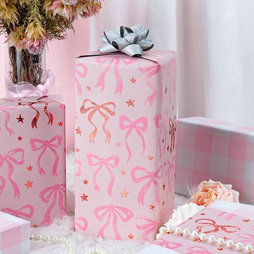 MAYPLUSS Pink Wrapping Paper Roll, Cute Bow Gift Wrap, Reversible Plaid Gift Paper for Girl Baby Shower, Birthday, Wedding 17 Inch x 33 Feet
