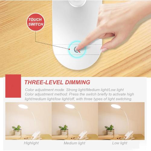 White Clip on Light, Desk Lamp 1200mAh, Round LED Clamp Light, 2W Desk Lamp for Reading, Night Clip on for