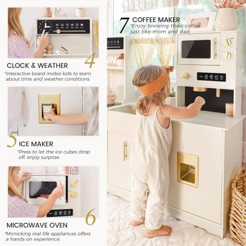 Tiny Land Play Kitchen for Kids, Toy Kitchen Set with Plenty of Play Features, New Modern Kids Wooden Play Kitchen Designed in Trendy Home Style with Curtains, Gift for Ages 3