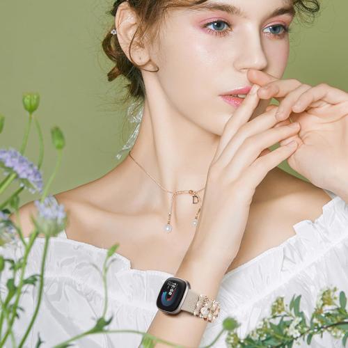 Wildflower Engraved Bands Compatible with Fitbit Sense 2, Versa 4/3, Sense Band with Charms, Soft Silicone Replacement Wristbands Strap with Cute Decorative Rings Accessories for Women