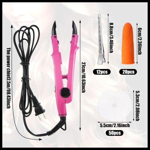 Keratin Hair Extension Kit: Heat Iron, Keratin Glue Granules, Protector Templates, Hair Clips, and Finger Protector(Pink)