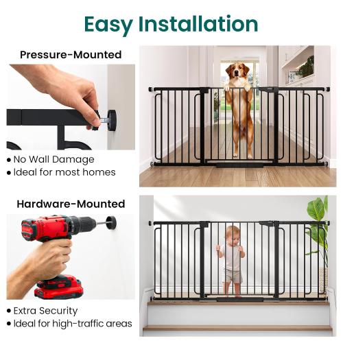Cumbor Extra Wide Baby Gate, 36.6-69 Walk-Through Dog Gate for Stairs, Doorways & Hallways, 30.5“ Tall, Auto-Close & Dual-Swing Safety Child Gate Indoor, Easy Install Pressure-Mounted Pet Gate, Black