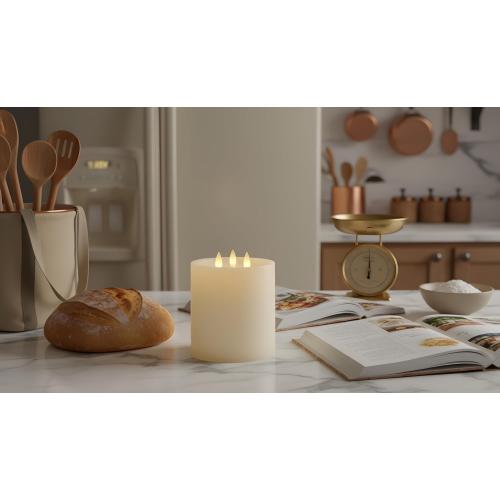 3-Wick Flameless Pillar Candle with Remote Timer, 3D Moving Flame Real Wax Led Candles (Ivory with 3 Wick, 6.5in)
