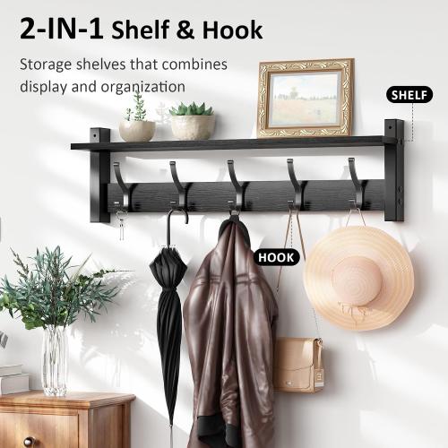 Optish Coat Rack Wall Mount with Shelf, 24 Inch Coat Hanger Walls Mounted, Hat Rack for Walls, Shelf with 5 Coat Hooks, Wall Hanger for Entryway (Black)
