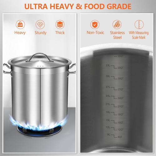 Size 35 Quart Stainless Steel Cooking Pot - Stock Pot with Lid - Large Soup Pot for Cooking, Stew, Pozole, Pasta - Induction Compatible - Ideal for Home & Commercial Use