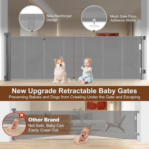 Upgraded 120 inch Retractable Baby Gates Extra Wide with Reinforced Strip Design to Prevent Crawling Through, 10 Foot Retractable Dog Gate, 34 Tall, Retractable Gate for Indoor/Outdoor
