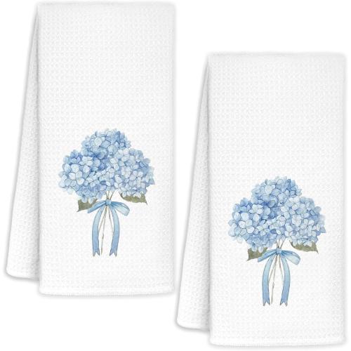 Blue Hydrangea Bow Decorative Hand Towels for Bathroom Washroom Set of 2, Hydrangeas Gifts, Hydrangea Decor for Bathroom Kitchen, Flower Floral Hydrangeas Kitchen Towels, 16x24 Inch