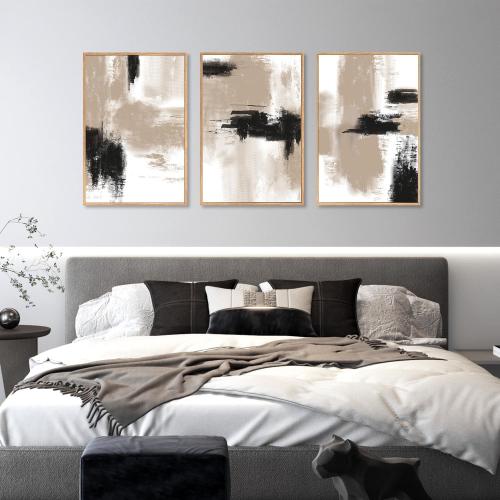 16x24x3 LHIUEM Large Abstract Framed Canvas Wall Art,Modern Black and Brown Artwork,Minimalist Color Block Shape Wall Decor,Neutral Beige Artwork for Living Room,Bedroom,Office-16''x24''x3