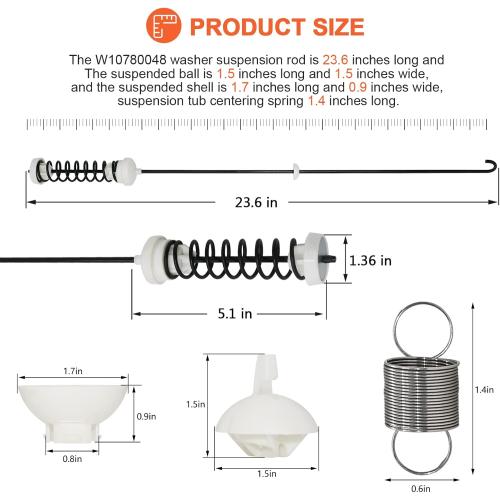 【NEW UPGRADED】W10780048 Suspension Rods(23.6in) W10400895 Washer Suspension Springs(4pcs) by Beaquicy - Replacement kit for Whirlpool Kenmore and Admiral - Replaces WTW4800XQ2, WTW4800XQ4, RTW4640YQ1