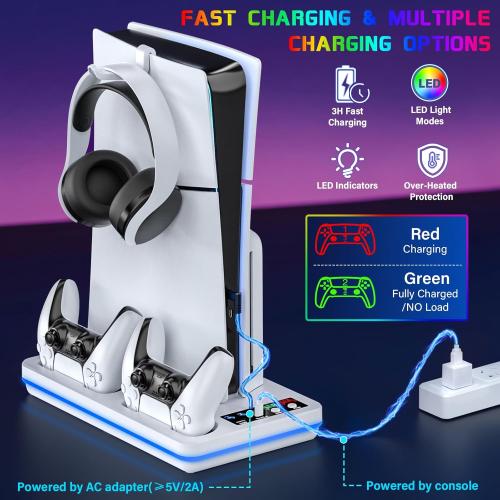 for PS5/PS5 Slim/PS5 Pro Stand and Cooling Station with Controller Charging Station for PlayStation 5 Slim&Standard Disc/Digital Console, 10 Light for PS5 Cooler Accessories Incl 3 Levels Cooling Fan