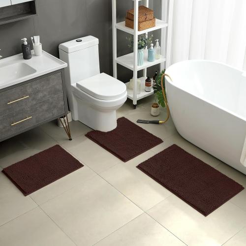 3 Pieces Bathroom Rugs, Ultra Soft Non Slip Absorbent Chenille Toilet Bath Mat Set (Brown,17x24 20x32 U Shape 20x24)