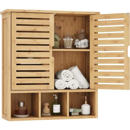 Bathroom Wall Storage Cabinet, Bamboo Medicine Cabinet with Doors and Adjustable Shelves, Bathroom Medicine Cabinet Wall Mount, Wall Mounted Over-the-Toilet Storage Cabinet