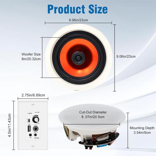Herdio 8'' Bluetooth in Wall in Ceiling Speakers 800W 2-Way Flush Mount Speakers System with Wall Amplifier Receiver for Home Theater Office (2 Pairs, Paintable-Grille)