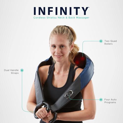 Infinity Cordless Rechargeable Shiatsu Neck, Shoulders, and Body Massager with Heat, 4 Programs, Speed Control, Soothe Stiff Muscles and Support Wellness