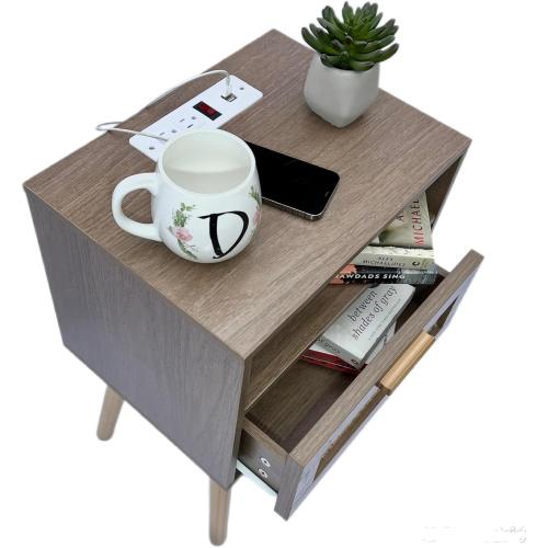 Nightstand with Charging Station, Rattan Side Table Small Wood End Table for Living Room, Bedroom, Mid Century Modern Nightstand, Easy Assembly (Natural) (Set to of 2)