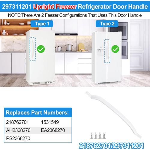Upgraded 297311201 Freezer Door Handle Replacement White Compatible with Frigidaire Kenmore Refrigerator 218762701 PS2368270 FRU17B2JW23 FRS6HR4HW3 Fridge Door Handle, Includes 4Pack 5304460605 Screws