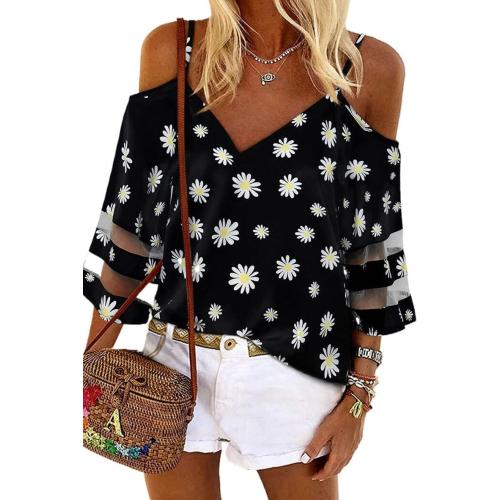 Size Medium Color Black Women Casual Floral Off Shoulder Suspenders Chiffon Shirt Loose Cute 3/4 Bell Sleeve V Neck Blouses Tee Tops