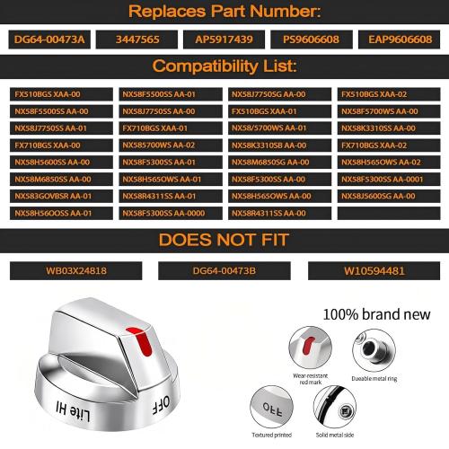Upgraded DG64-00473A Stainless Steel Reinforced Stove Knob Replacement for Samsung Gas Stove - Anti-Crack Metal Insert Burner Dial Set (5-Pack)