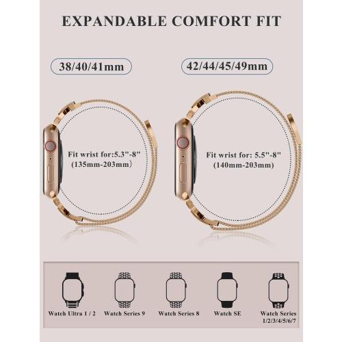 Stainless Steel Magnetic Loop Compatible with Apple Watch Band 38mm 40mm 41mm 42mm Women Metal Mesh D-shaped Clasp Strap for iWatch SE Series 10/9/8/7/6/5/4/3/2/1/Ultra(1/2) Rose Gold