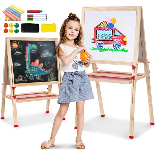 Wooden Art Easel for Kids, Double Sided Foldable Easels for Toddlers 3,4,5,6,7,8,9,10 Years,Adjustable Standing Kids Easel with Accessories, Perfect Painting Gifts for Boys&Girls
