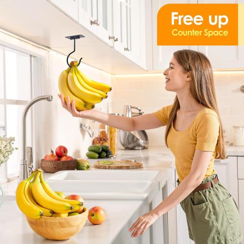 Self Adhesive Banana Hook Under Cabinet Foldable Banana Hanger | Black Metal Under Counter Banana Hook Holder to Keep Bananas Fresh Banana Holder for Kitchen RV Space Saving