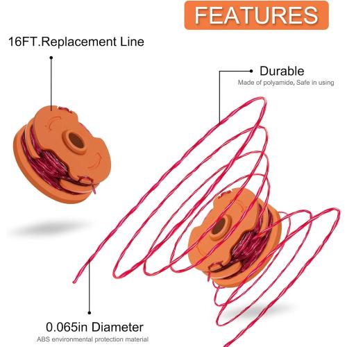 WA0007/50022833 Trimmer Spools for Worx Weed Eater WG116 WG119 WG183: 2×16ft 0.065 Inches Durable Auto-Feed Replacement String Compatible with Worx, 50019417 Cap Cover (8 Line Spool)