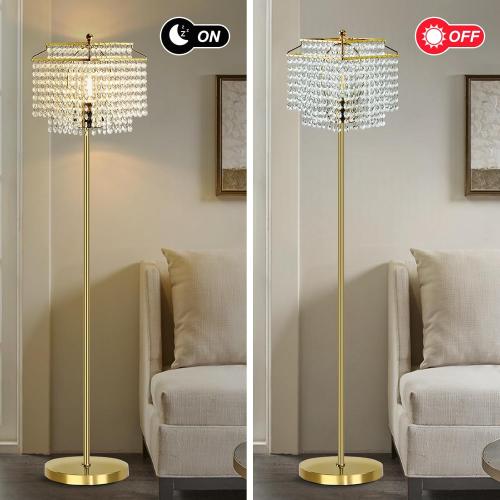 Luvkczc Gold Crystal Floor Lamp, 64 Tall Elegant Standing Lamp with On-Off Foot Switch, Double-Layer Lampshade, Standing Floor Lamps for Living Room, Bedroom, Office, 8W LED Bulb Included