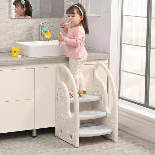 Size 3 step Color Grey Toddler 3 Step Stool Onasti Kids Standing Tower for Toddlers Plastic Learning Helper Stool for Kitchen Counter Bathroom Sink Toilet Potty Training with Handles and Non-Slip Pads-Grey White