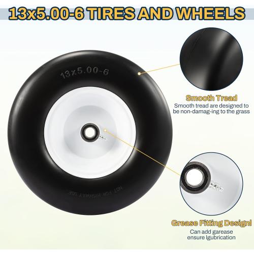 13x6.50-6 Flat Free Lawn Mower Tire, Zero Turn Mower Front Tires, 13x5x6 Solid Lawn Mower Tires for Residential and Commercial, with Centered Hub, 2 Pack