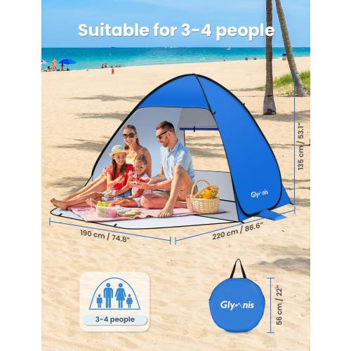 Blue Large Size Glymnis Pop Up Beach Tent Beach Shade Tent for 1-4 Persons Sun Shelter UPF 50  Enclose Zipper Door Portable Easy Up Beach Tent