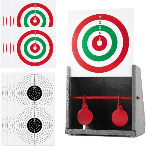 BB Gun Target Trap with Catch Box & 20 PCS Shooting Paper, Airsoft & Pellet Gun Shooting Catcher, with Spinning Metal Silhouettes Targets, for Backyard, Indoor - Small Size
