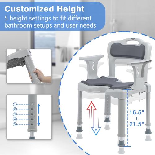 Shower Chair for Narrow Bathroom, Bath Stool for Elderly Disabled Adults, with Arms Back Cushion & Seat Cutout, 300 lbs Capacity, Fits 5ft Standard Tub and Small Shower Stall (Grey, Standard)