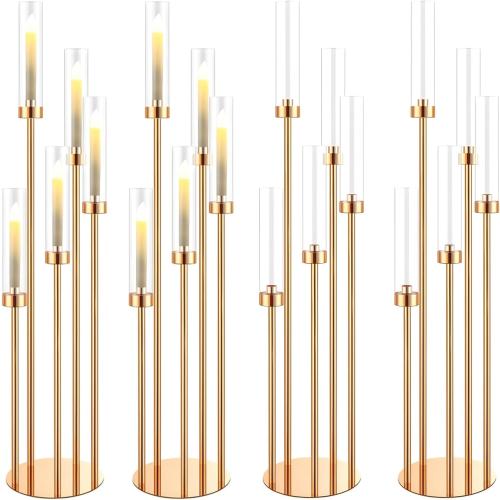 4 Set Candelabra Centerpieces, Metal Floor Candelabra 42.5'' Tall 5 Arm Candle Holder for Table, Candlestick Set with Acrylic Lampshade for Party Home Wedding Decoration (Gold)