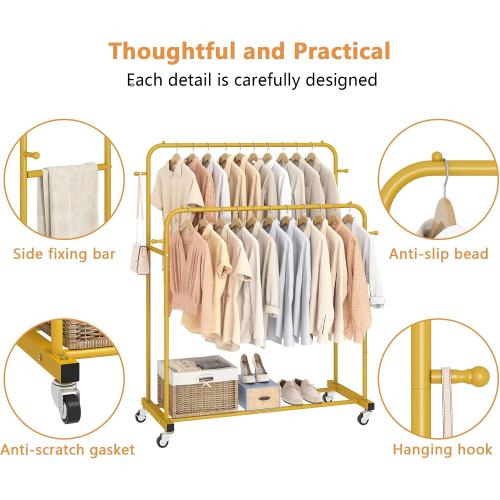 Laiensia Double Rods Garment Rack with Wheels, Clothing Rack for Hanging Clothes,4 Hooks, Multi-functional Bedroom Clothes Rack, Gold
