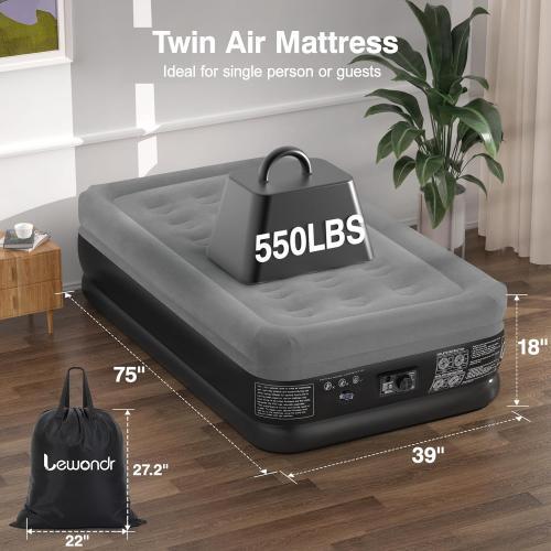 Grey 18 Twin Air Mattress with Built in Pump,18 Deluxe Blow Up Mattress, Adjustable Self Inflating Air Mattress, 2Min Fast Inflatable Mattress for Camping, Home, Guests, Travel(550 lb MAX), Gray