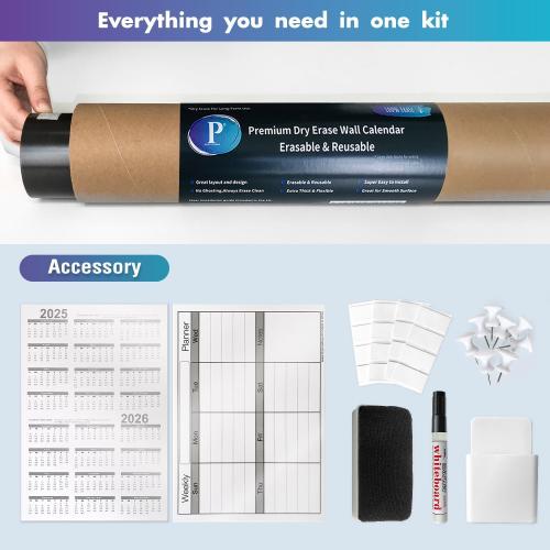 Magnetic-Receptive Dry Erase Monthly Extra Large White Board Calendar for Wall 38x50, Big Whiteboard Calendar with Iron Sheet Backing-Works with Magnetic Markers Eraser, Giant Blank Poster with Square