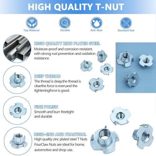 T Nuts 1/4-20, 5/16-18, 3/8-16, Jovlalis 160 pcs Zinc Plated Steel T-Nut 4 Pronged Tee Blind Nuts Assortment Kit for Wood, Rock Climbing Holds, Cabinetry, Furniture