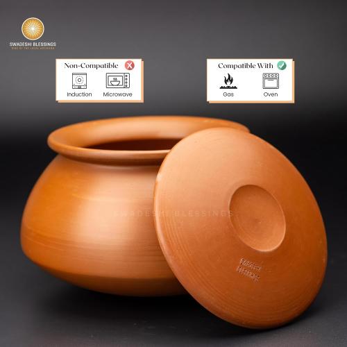 Swadeshi Blessings HandMade Exclusive Range Unglazed Mud/Earthen Handi/Mitti Ke Bartan/Clay Pot for Cooking & Serving with Lid, 3 Liters (with Mirror Shine)   Free Palm Leaf Stand