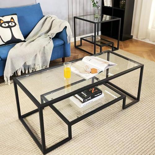 Black Metal Glass Coffee Table - Simple Center Coffee Table for Living Room Home, Metal Frame Coffee Table with 2 Shelves,Modern Table for Bedroom, Dinning Room,Office Décor