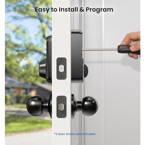 Veise Keyless Entry Door Lock with 2 Knobs, Electronic Backlit Keypad Deadbolt with Handle Set, Auto Lock, One-time Codes, Smart Deadbolt for Front Door, Easy Installation, Matte Black