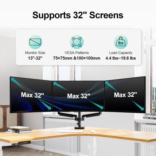 MOUNT PRO Triple Monitor Mount, 3 Monitor Desk Mount for Three Screens up to 32 Inch, Full Motion Gas Spring Heavy Duty Arm Hold up to 19.8lbs Each, Black